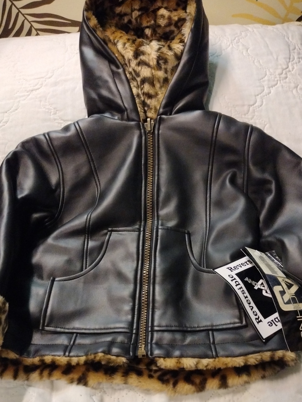 Reversible Kids Faux Leather Hooded Bomber Jacket & Leopard Fur Jacket